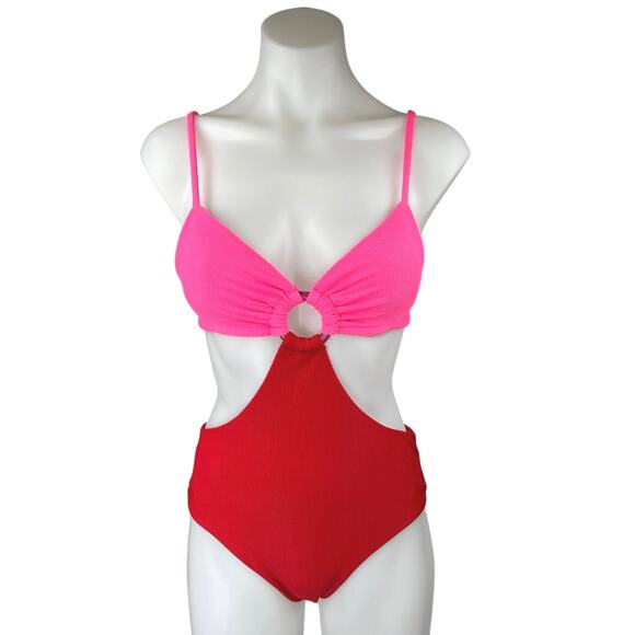 Beach Riot Kirsten Pink Red Colorblock One Piece Swim Bikini Swimsuit Swimwear M - Picture 1 of 4